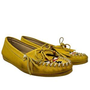 Hunters Run Womens 7.5 Yellow Leather Moccasin Shoes Slip On Flats Beaded Fringe